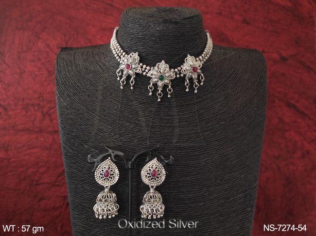 beautiful designer oxidized silver beaded  3 layer choker style necklace set