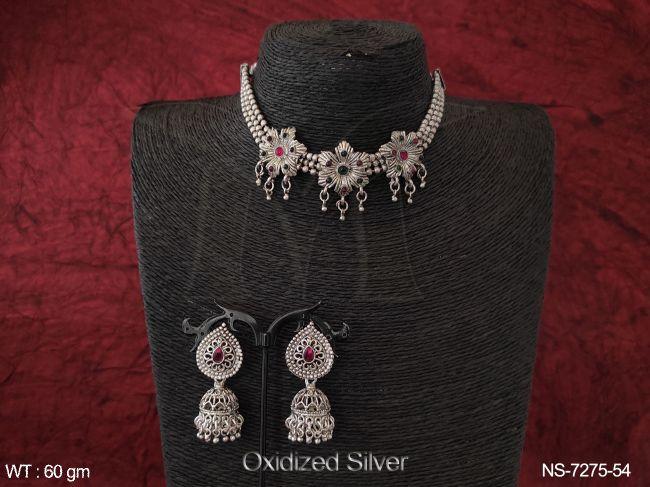 Ethnic Beaded 3 Layers Flower Design Oxidized Silver Polish Designer Choker Necklace Set
