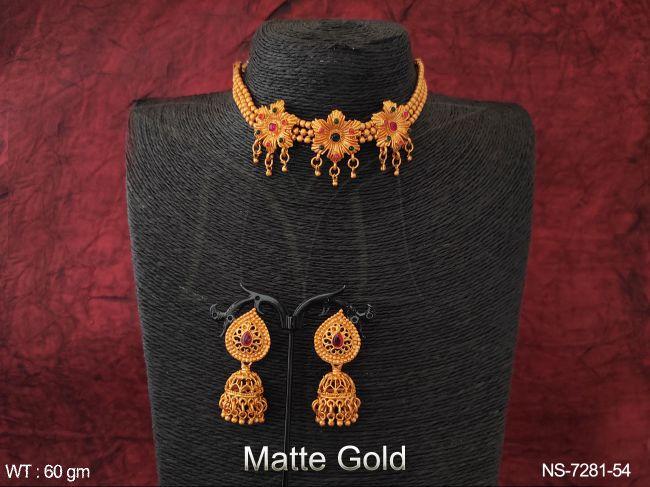beautiful flower design matte gold polish party wear antique ethnic 3 layer beaded choker necklace set