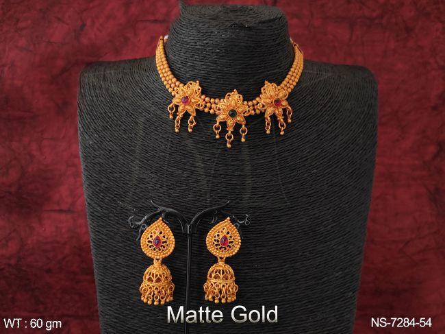 party wear fancy designer flower design antique ethnic beaded 3 layer maatte gold polish choker necklace set