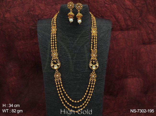 Designer Antique Ethnic Beaded High Gold Polish 3 Layer Long Mala Necklace Set