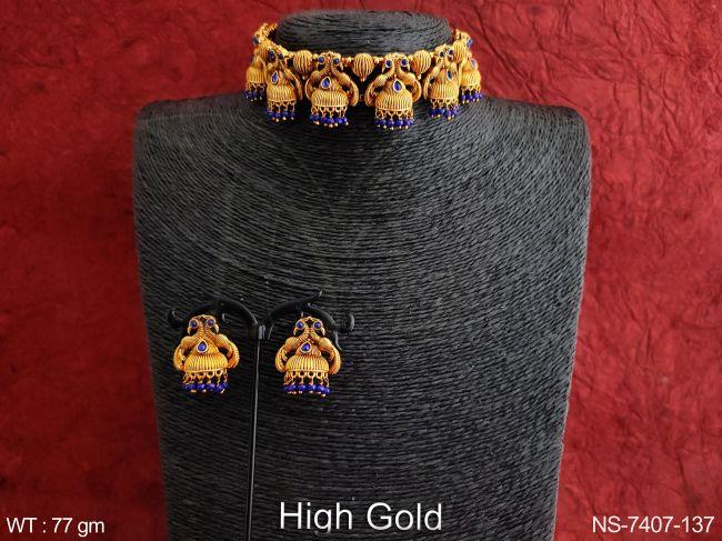 Antique Beautiful Peacock Design High Gold Polish Fancy Stylish Choker Necklace Set