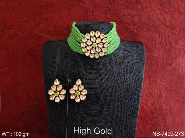 ethnic beaded 9 layer full white kundan stones high gold polish designer party wear choker style necklace set