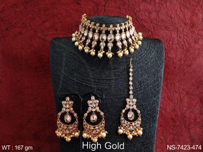 Antique Beautiful High Gold Polish full white Stones Designer Party wear Choker Necklace Set with Maang Tikka — NS-7423-474