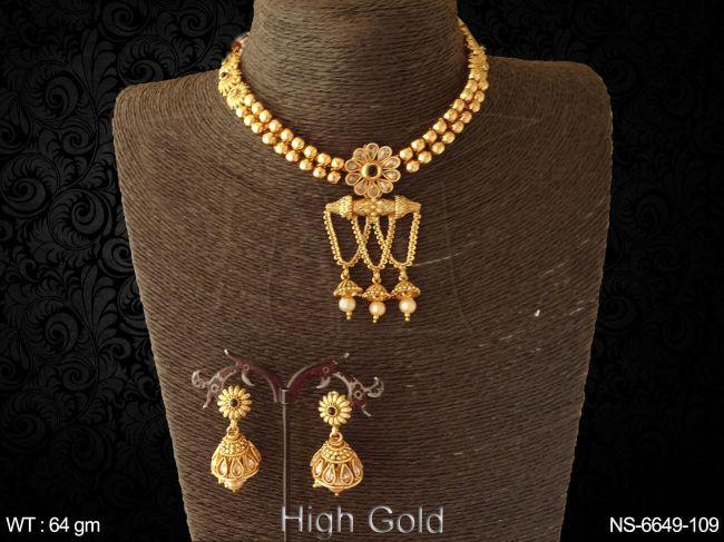 fancy golden beads paan stone antique necklace set