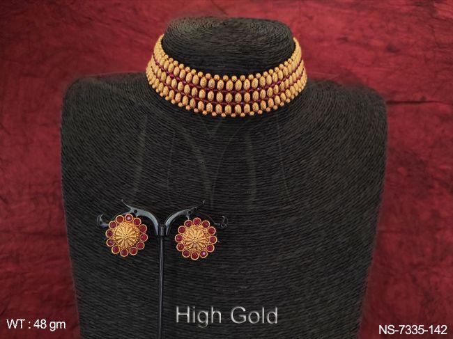 Ball Chain Antique Indian Traditional Ethnic Beaded 3 Layer Designer Beautiful High Gold Polish Fancy Choker Style Necklace Set