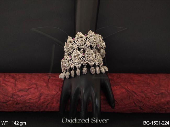 oxidized silver antique designer fashion style temple bangle set - 2