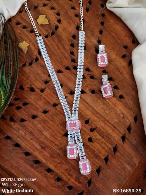 Full Stone White Rodium Polish Party Wear Necklace Set   
