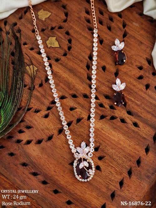 Beautiful Crystal Designer Rose Rodium Polish Full Stone Necklace set    