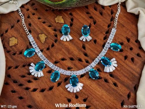 Beautiful Designer White Rodium Polish Full Stone Crystal Necklace Set    