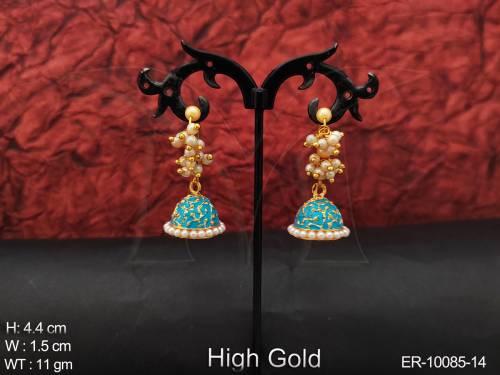 Clustered Pearl High Gold Polish Fancy Meenakari Design Party wear Jhumka Earring
