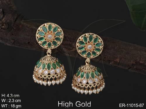 High Gold Polish Fancy Design Party Wear Beautiful Antique Jhumka Earrings 