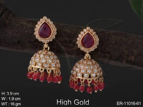 High Gold Polish Fancy Design Party Wear Beautiful Antique Jhumka Earrings 