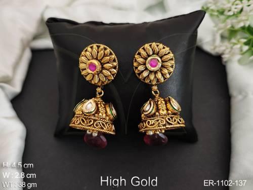 sunflower shaped dress kundan jhumki earrings detail