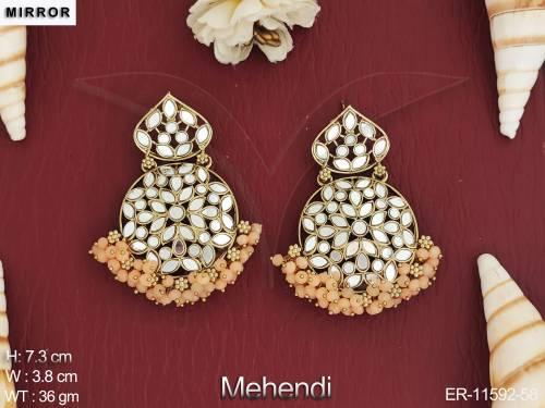 Designer Fancy Style Party wear Beautiful Mehendi Polish Antique Jewellery Mirror Design Long Dangler Earring