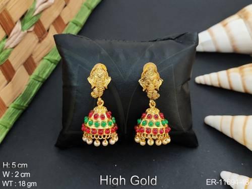 clustered-pearl-ganesha-temple-jewellery-high-gold-polish-fancy-style-party-wear-temple-jhumka-earring-