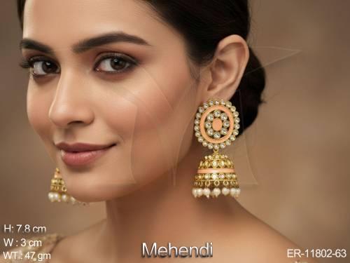 Fancy Desing Mehendi Polish Clustered PEarl Antique Jewllery Antique Desing Party wear Jhumka Earring