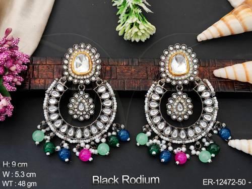 Fancy Style Party wear Beautiful-kundan-stones-kundan-jewellery-designer-black-rodium-polidh-long-kundan-earring-