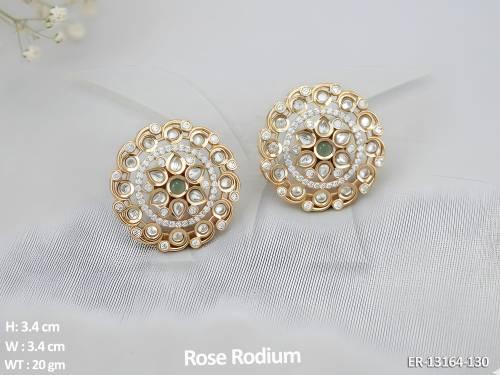 Full Stone Rose Rodium Polish Designer Wear Accessories Women Kundan Tops Studs Earrings 