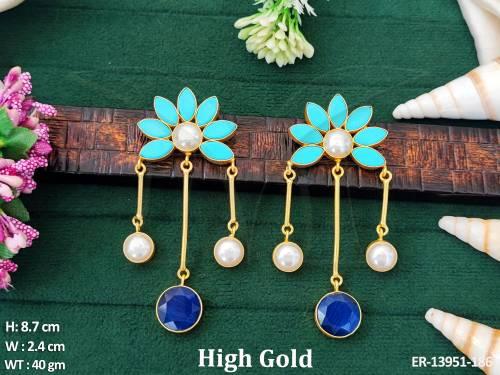 Designer Fancy Style Party wear Clustered Pearl High Gold Polish Designer Fusion Style Fusion Long Dangler Earring  