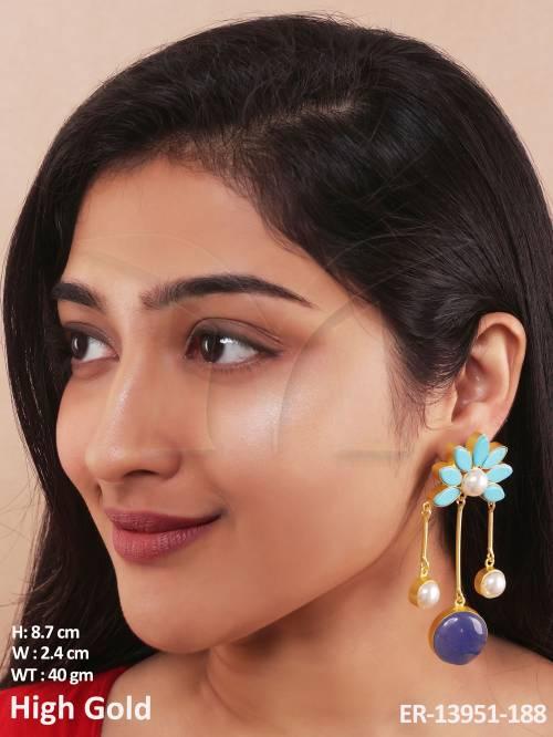 Designer Fancy Style Party wear Clustered Pearl High Gold Polish Designer Fusion Style Fusion Long Dangler Earring  