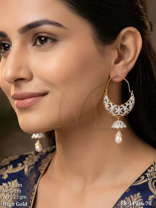 Gold Polish CZ Hoop Jhumka Earrings with Pearl