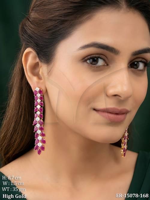 High Gold Polish Full Stone Long AD Dangle Earrings