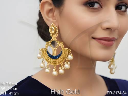 half chand pendulam moti drop antique earrings