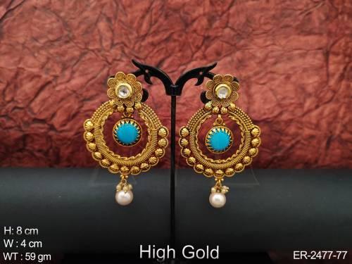 polo center round stone moti drop antique earrings detail