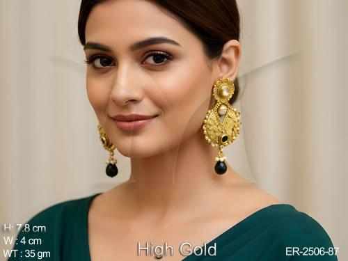 chakri style round moti drop antique earrings detail