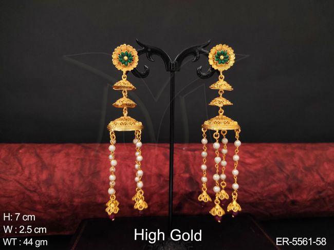 triple jhumki chain fall imitation earrings detail