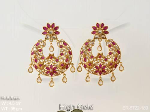 chand shape style stoned polki earrings detail