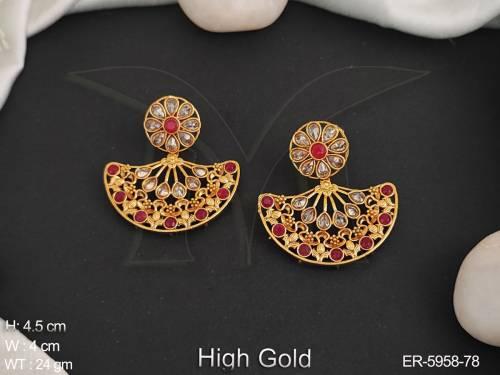 half circle style fan shape polki earrings detail