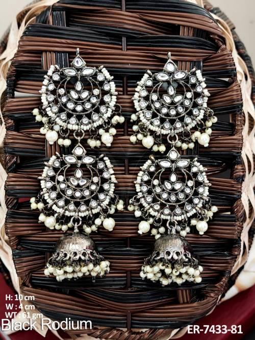 Oxide finish white stone jhumka with kanchain