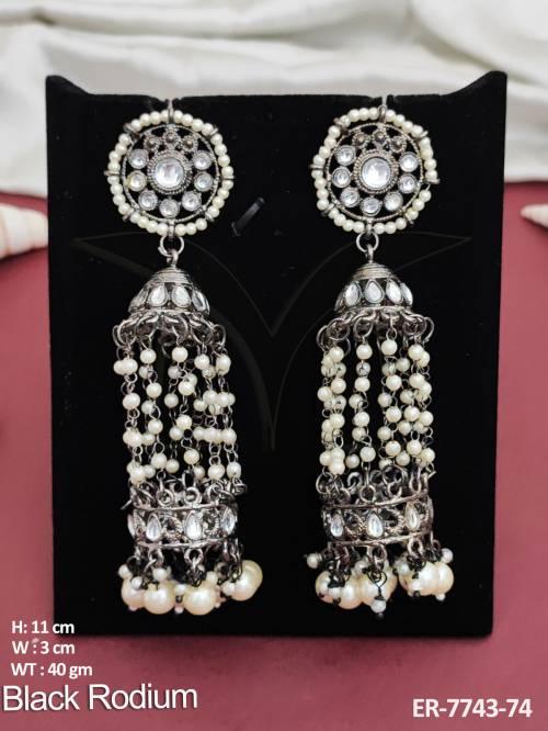 Black rodium pearl long antique jhumka earring