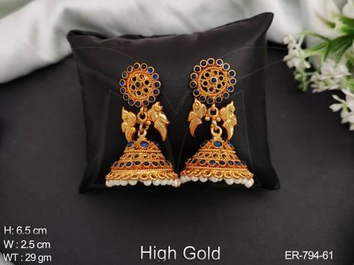 two side indian peacock jumka kemp antique earrings detail