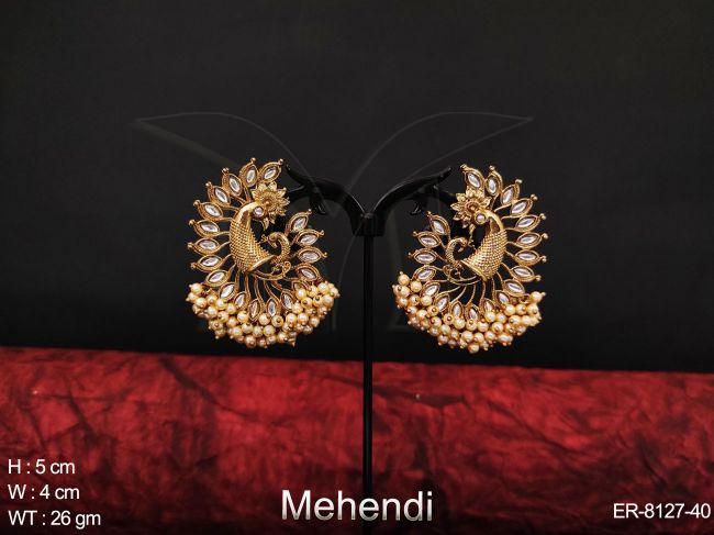 Clustered pearl Peacock Design Mehendi Polish Party wear Tops / Studs Earring