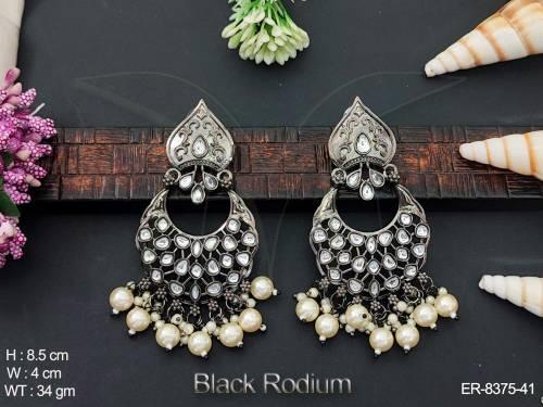 Clustered pearl Black Rodium Polish Full Stone Chand Bali Earring