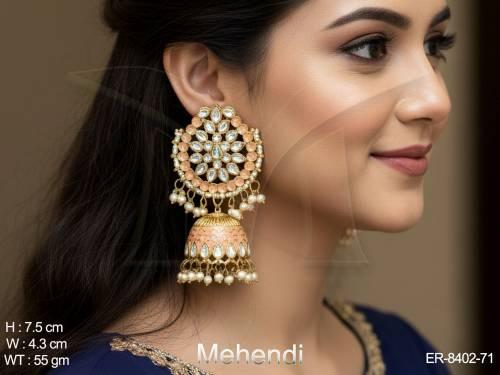 Clustered pearl Paan With Round Stone  Mehendi Polish Desgner Jhumka Earring