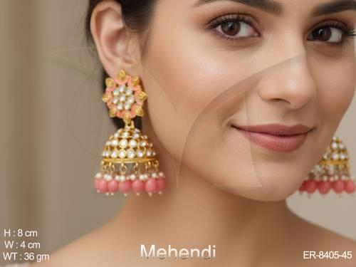 Clustered pearl Full Stone Mehendi Polish Antique Jhumka Type Earring