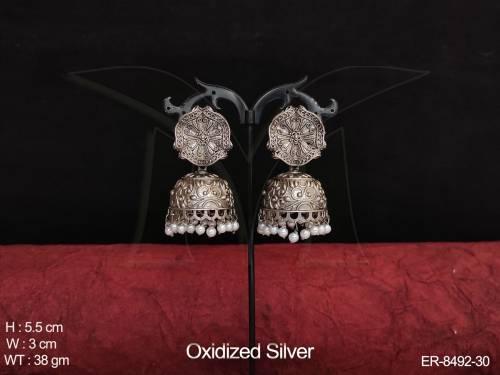 oxidized silver polish designer jhumka earrings
