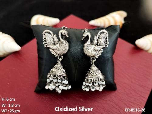 fashion stylish peacock design oxidized silver polish fancy long jhumka earring