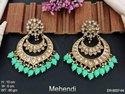 Mehendi Polish Beautiful Antique Full White Stones Designer Party wear Long Chand Bali Earrings — ER-8557-64
