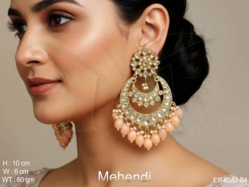 Mehendi Polish Beautiful Antique Full White Stones Designer Party wear Long Chand Bali Earrings — ER-8557-64