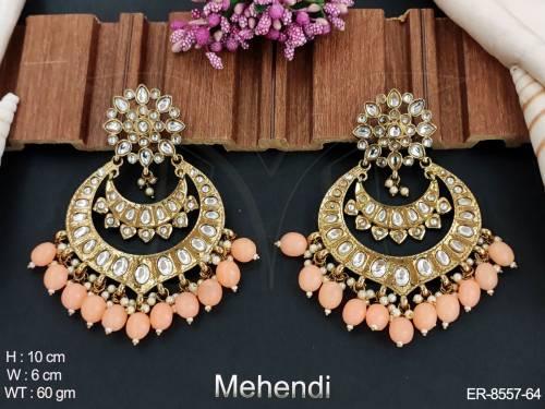Mehendi Polish Beautiful Antique Full White Stones Designer Party wear Long Chand Bali Earrings — ER-8557-64