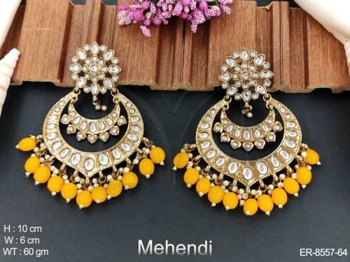 Mehendi Polish Beautiful Antique Full White Stones Designer Party wear Long Chand Bali Earrings — ER-8557-64