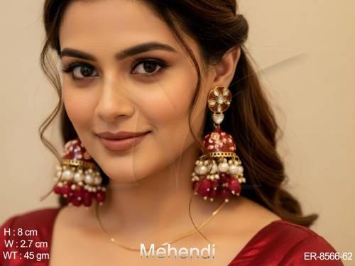 mehendi polish designer meenakari design beautiful party wear clustered pearl long jhumka earring