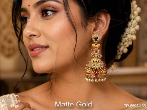 designer kemp jewelry beautiful matte gold polish white stones party wear fancy jhumka earring