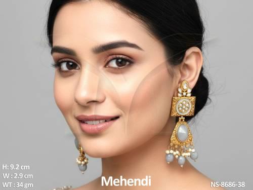 Beautiful Mehendi Polish Antique Design White Stones Party wear Fancy style Long Earring
