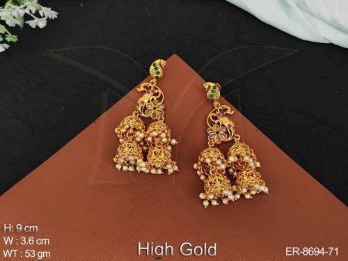 Beautiful peacock  Design  Antique Clustered Pearl High Gold Polish Fancy Stylish Party wear Long Jhumka Earring